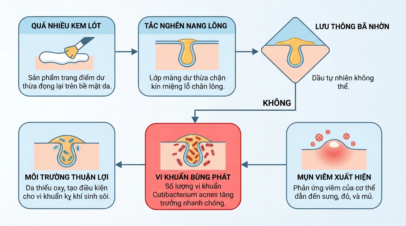 Lớp màng dư thừa làm tắc cổ nang lông, khiến vi khuẩn P.acnes bùng phát.