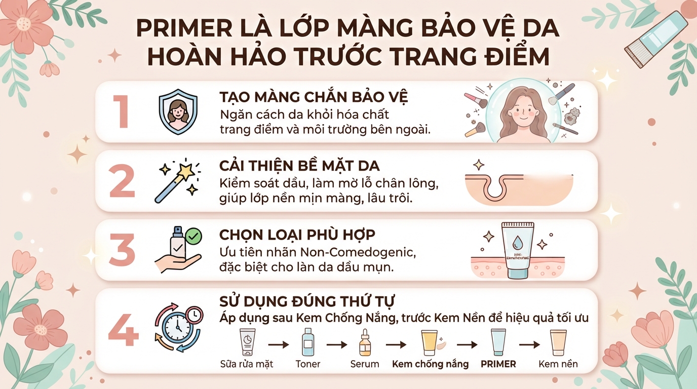 Primer là gì? Công dụng và cách dùng kem lót đúng cách để bảo vệ da
