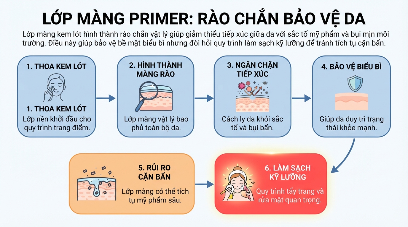Lớp màng primer đóng vai trò rào chắn bảo vệ da khỏi các sắc tố trang điểm.