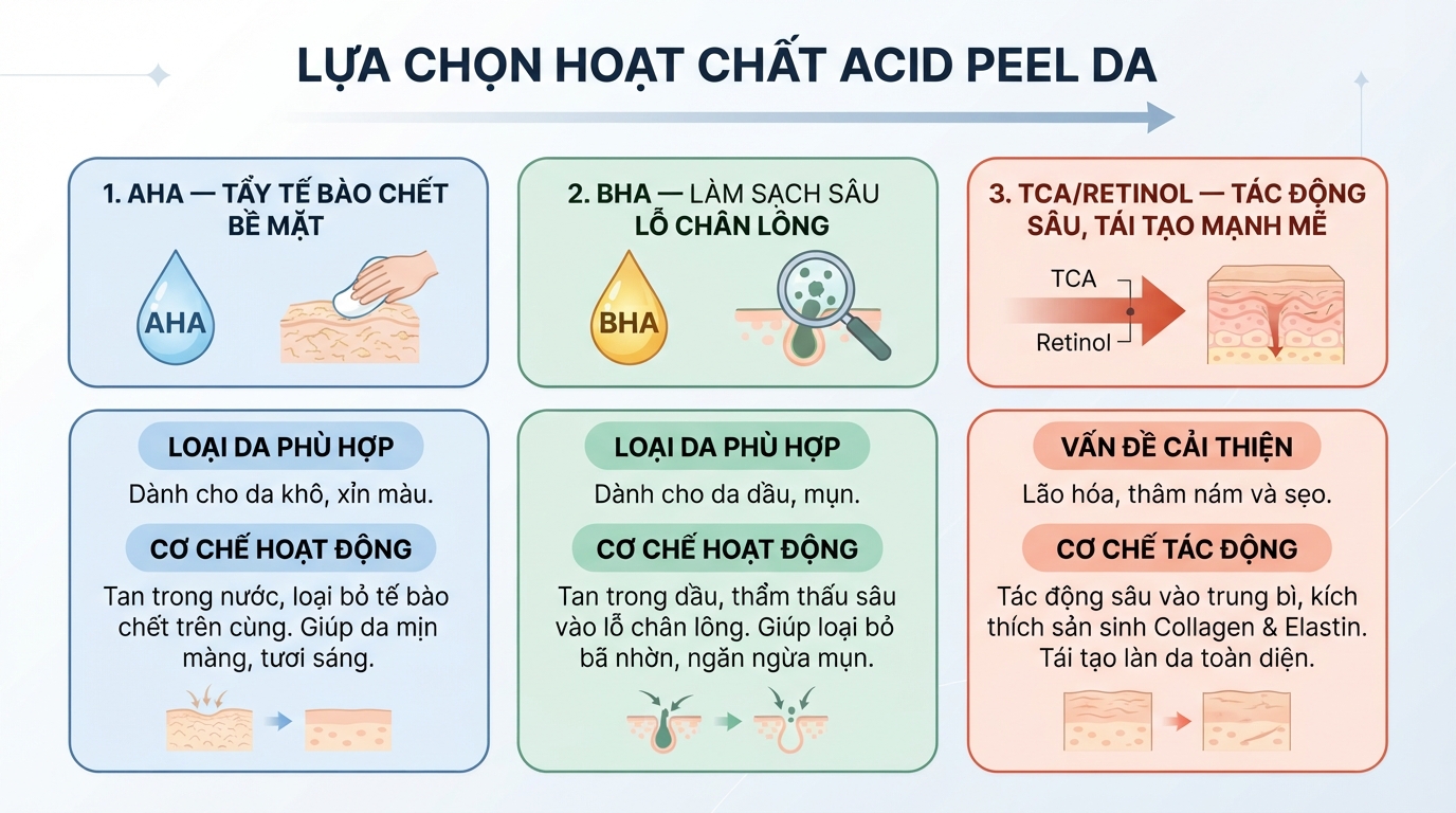 Lựa chọn hoạt chất acid phù hợp theo từng loại da giúp tối ưu hóa hiệu quả tái tạo biểu bì.
