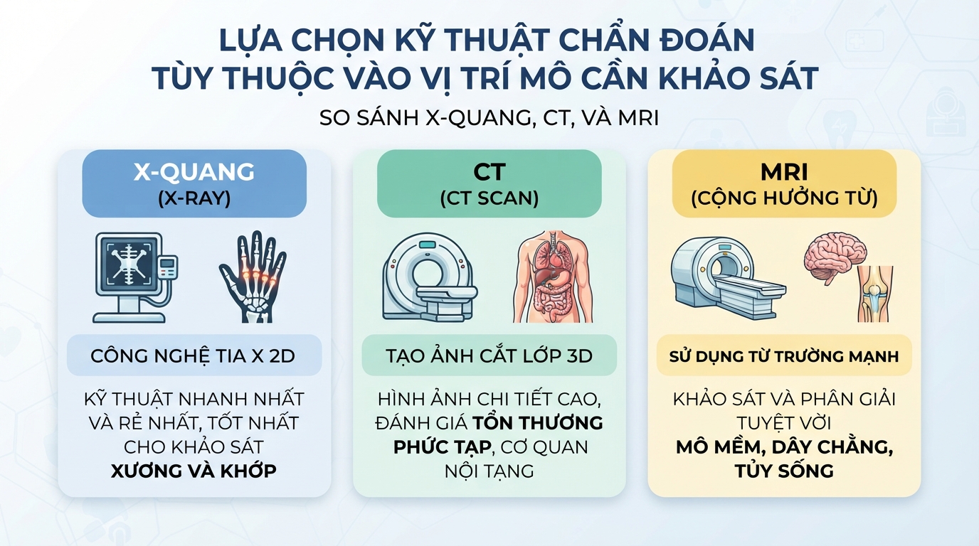 Lựa chọn kỹ thuật chẩn đoán tùy thuộc vào vị trí mô cần khảo sát.