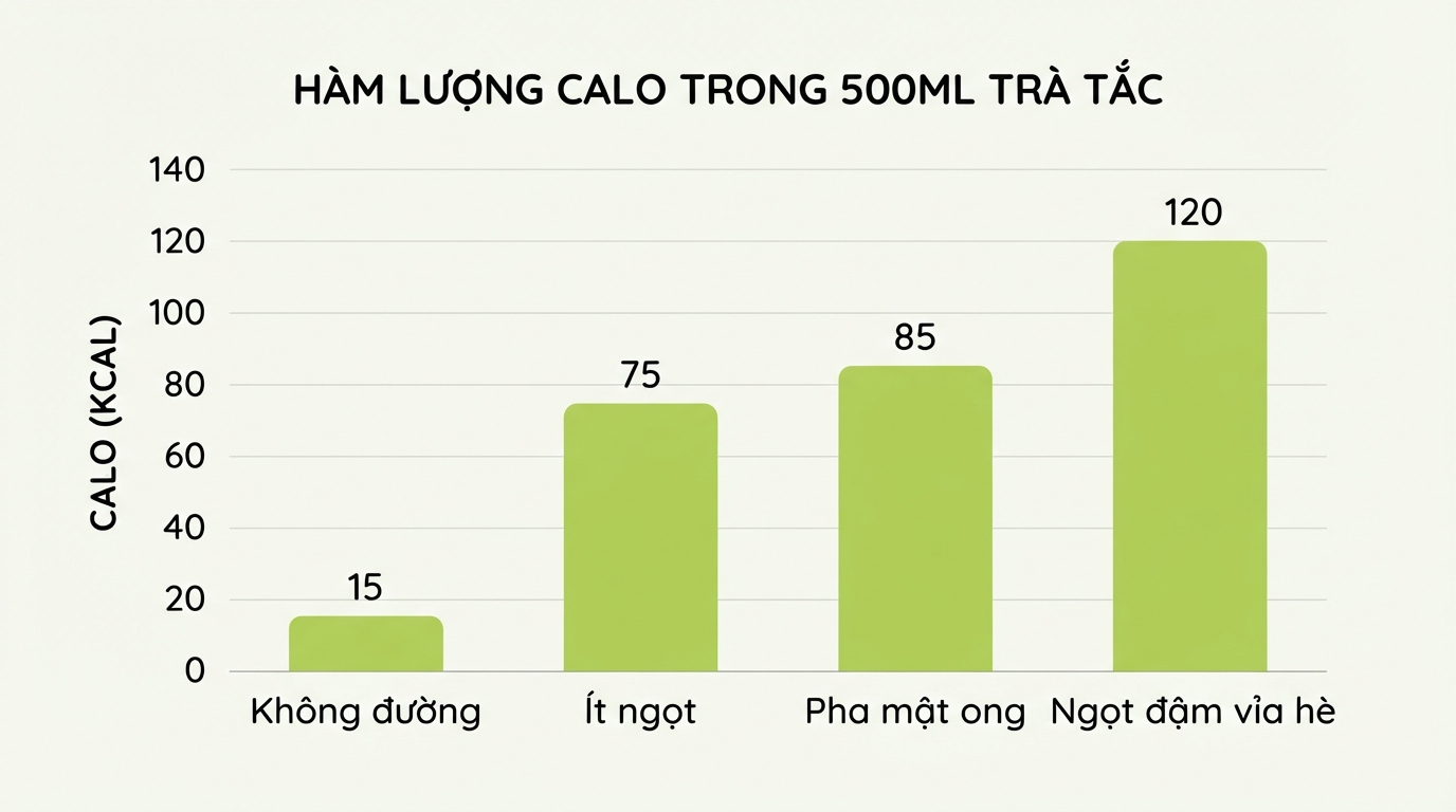Lượng calo trong trà tắc tăng mạnh tùy thuộc vào lượng đường tinh luyện thêm vào.