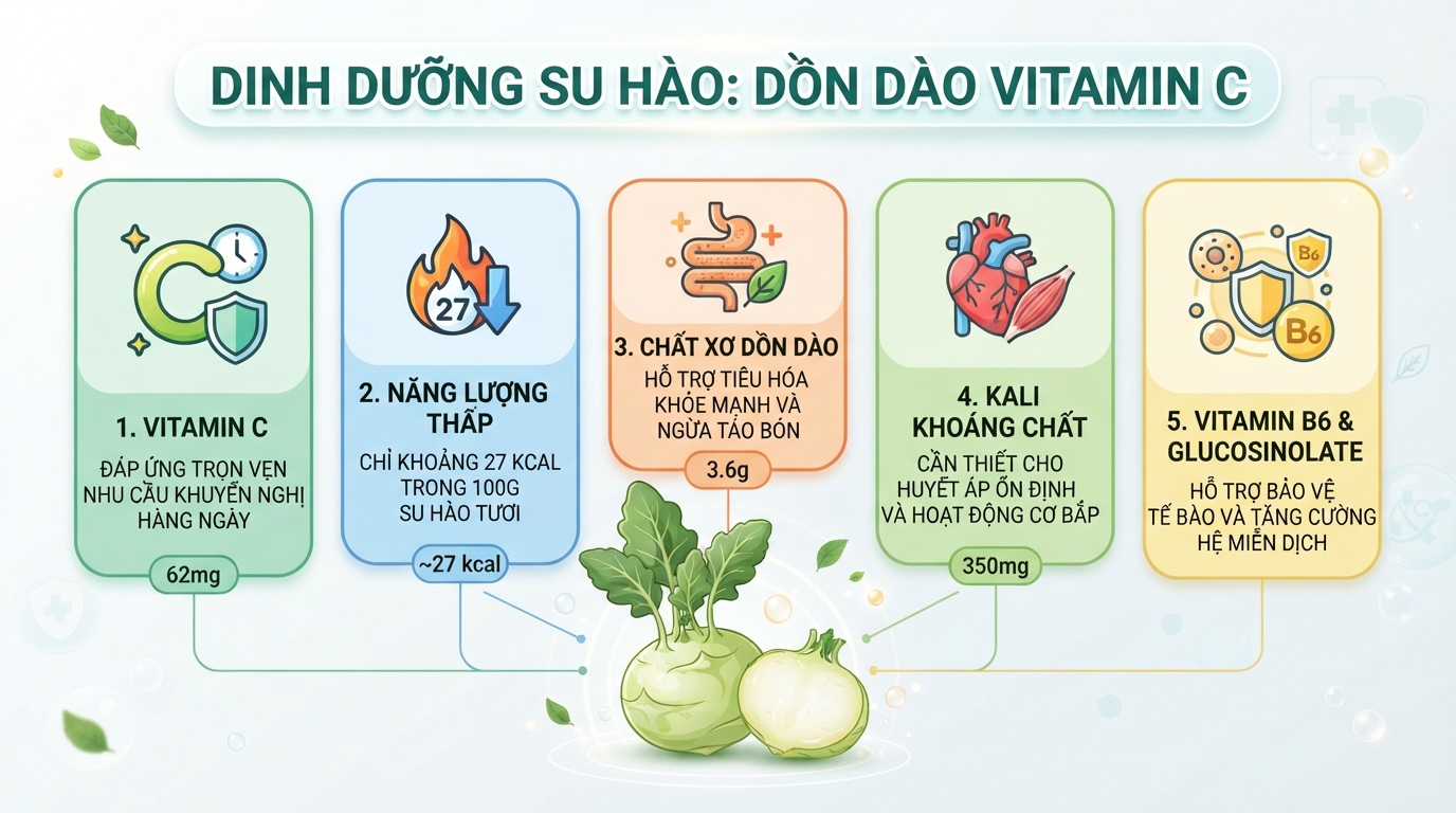 Lượng vitamin C trong su hào đáp ứng trọn vẹn nhu cầu khuyến nghị hằng ngày.