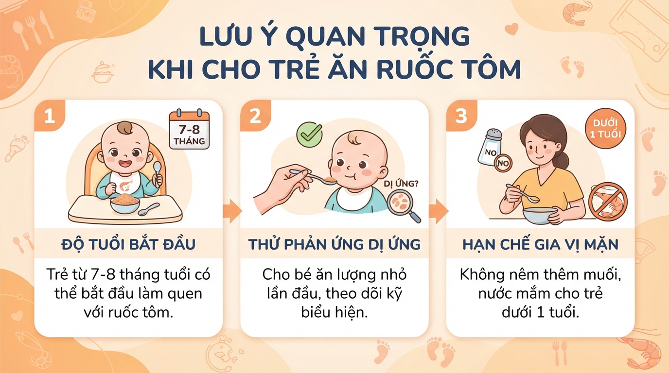 Lưu ý quan trọng về độ tuổi và liều lượng khi cho trẻ bắt đầu ăn ruốc tôm.