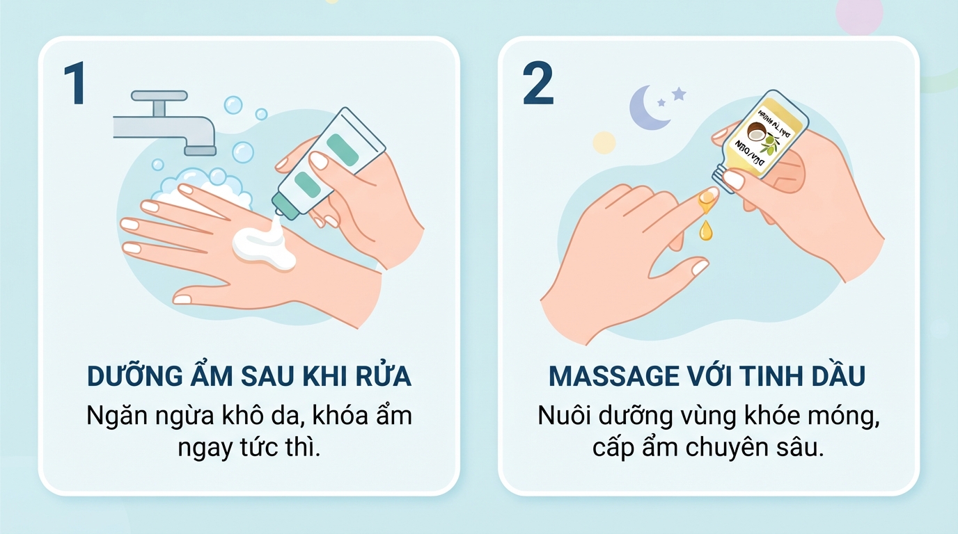 Massage vùng khóe móng bằng tinh dầu tự nhiên hỗ trợ duy trì độ ẩm. Massage vùng khóe móng bằng tinh dầu tự nhiên hỗ trợ duy trì độ ẩm.