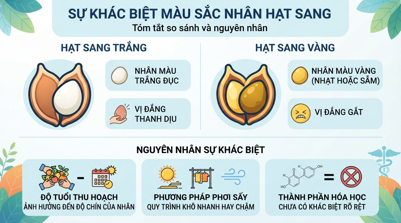 Màu sắc nhân hạt sang khác nhau do tuổi thu hoạch và phương pháp phơi sấy.