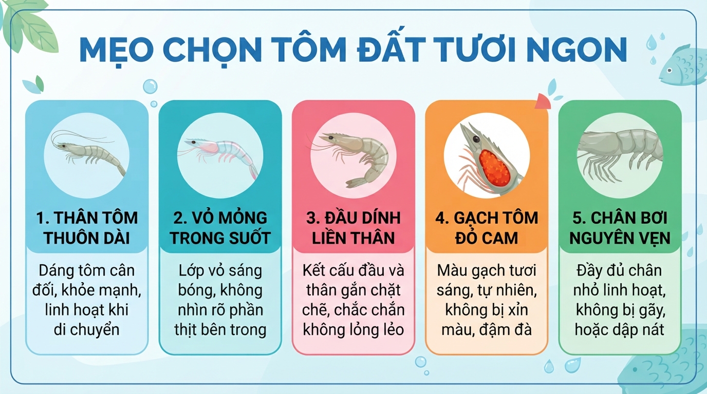 Mẹo chọn tôm đất tươi qua gạch đỏ cam và vỏ mỏng trong suốt khi đi chợ.