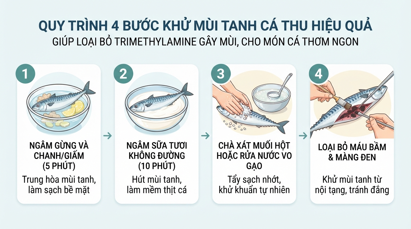 Mẹo ngâm sữa tươi hoặc gừng chanh giúp loại bỏ hoàn toàn trimethylamine gây mùi tanh cá.