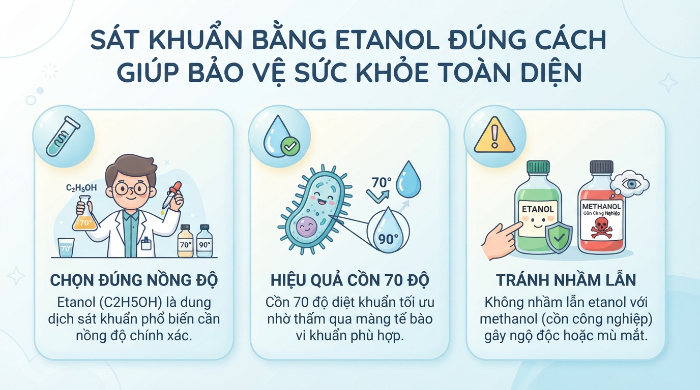 Etanol là gì? Tác dụng sát khuẩn và hướng dẫn dùng cồn y tế an toàn