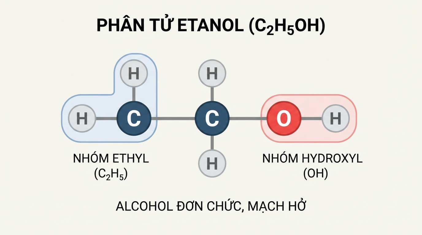 Mô hình cấu trúc hóa học của phân tử etanol gồm nhóm ethyl liên kết nhóm hydroxyl.
