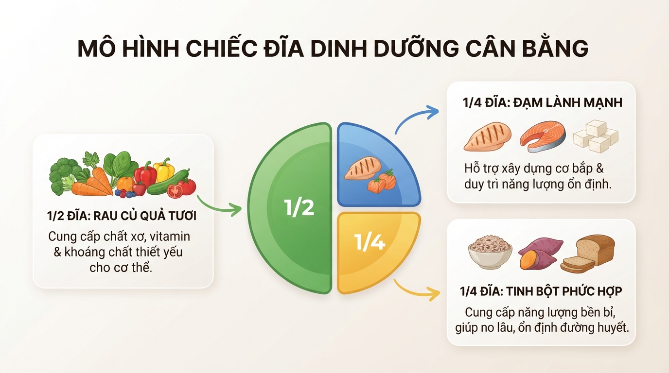 Mô hình chiếc đĩa dinh dưỡng chuẩn cân bằng ba nhóm chất.