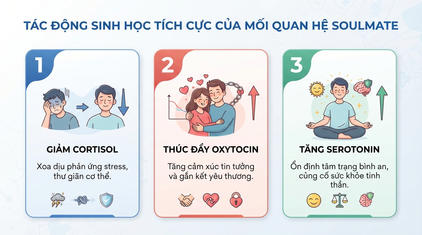 Mối quan hệ soulmate thúc đẩy cơ thể tiết Oxytocin và Serotonin, giúp giảm hormone căng thẳng Cortisol.