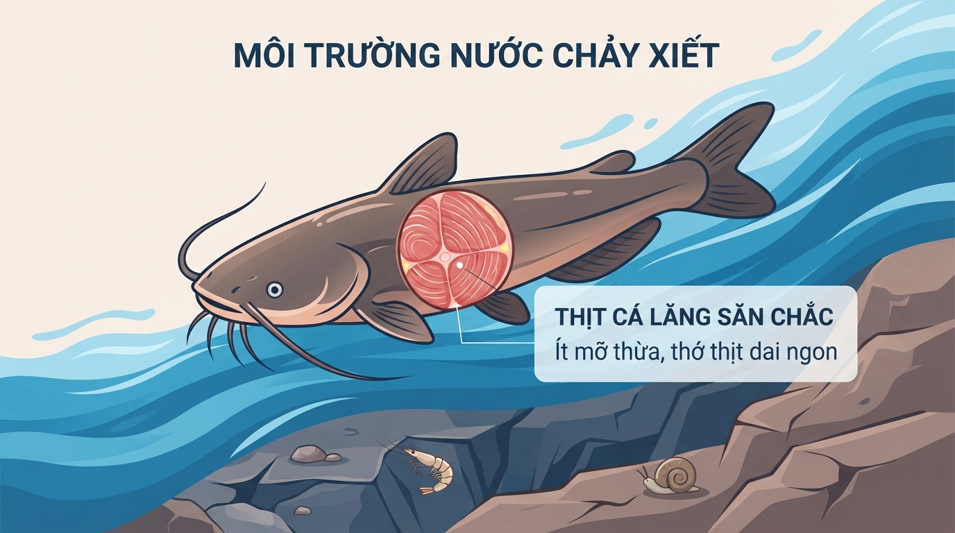Môi trường nước chảy xiết tạo nên thớ thịt cá lăng săn chắc và ít tích tụ mỡ thừa.