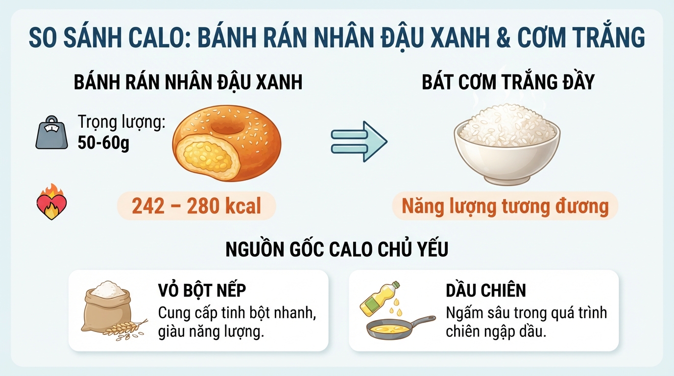 Một cái bánh rán nhân đậu xanh bao nhiêu calo tương đương với một bát cơm đầy.