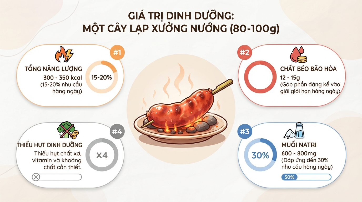 Một cây lạp xưởng trung bình đáp ứng đến 30% nhu cầu muối natri khuyến nghị hàng ngày.
