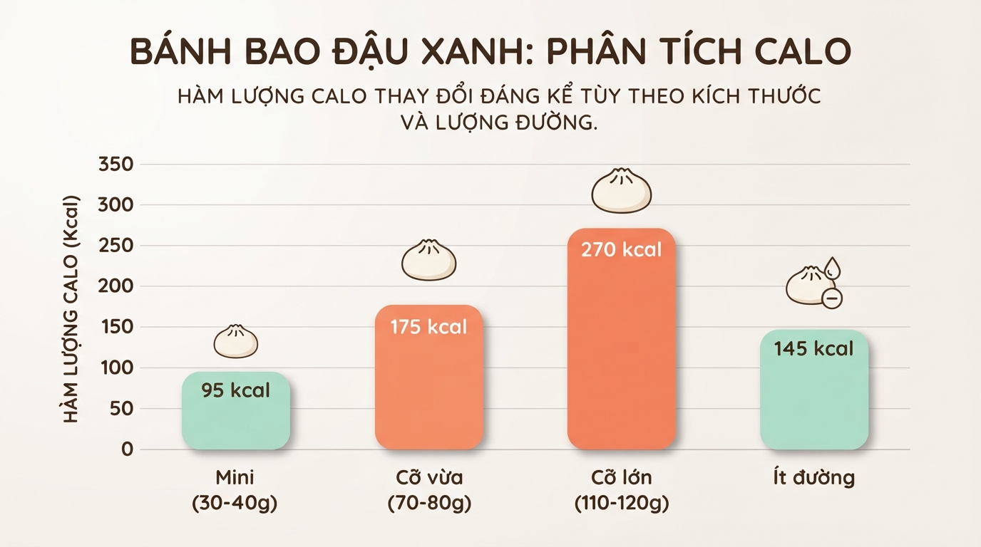 Mức bánh bao đậu xanh bao nhiêu calo thay đổi tùy theo kích thước và lượng đường trong nhân.