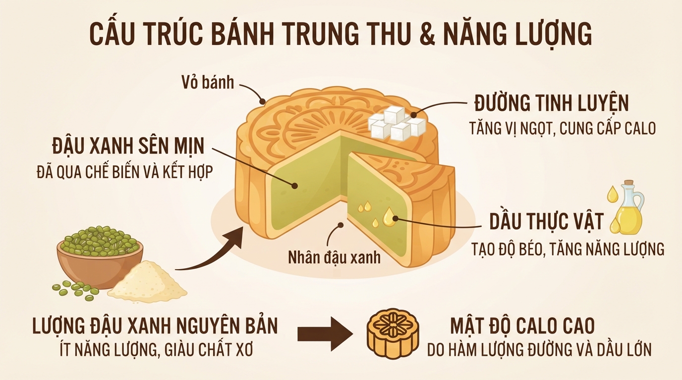 Mức bánh trung thu đậu xanh bao nhiêu calo chịu ảnh hưởng bởi lượng đường và dầu.