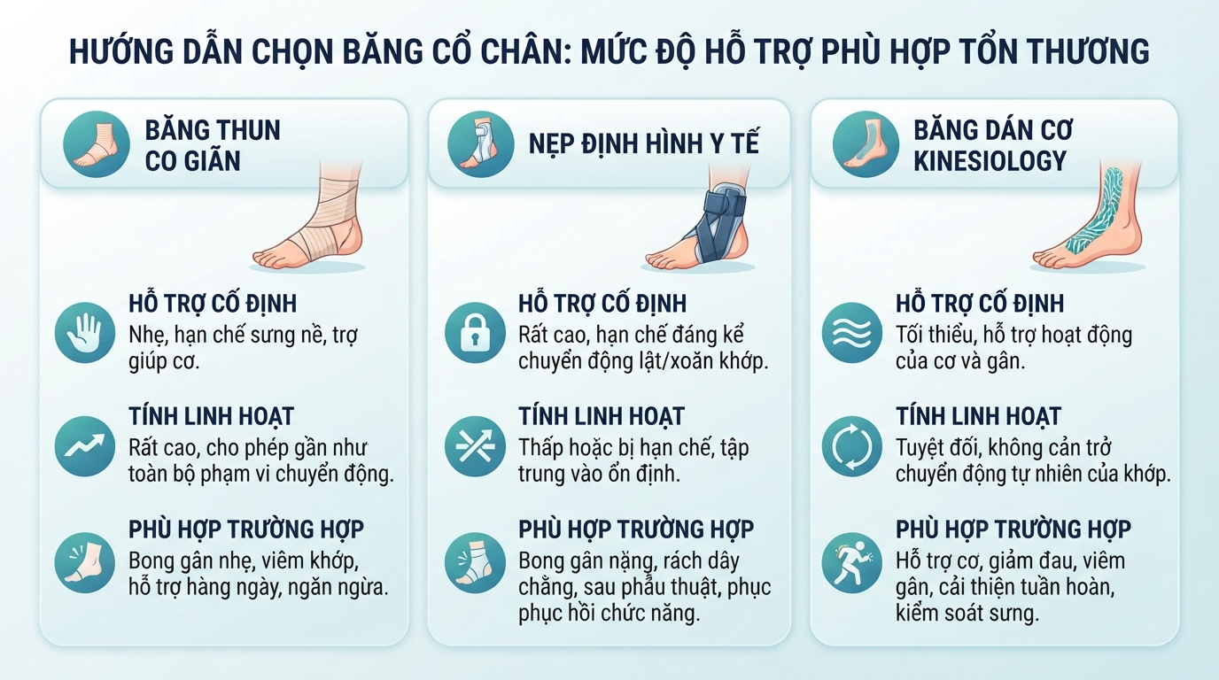 Mức độ cố định của băng cổ chân phải tương ứng mức độ tổn thương khớp.