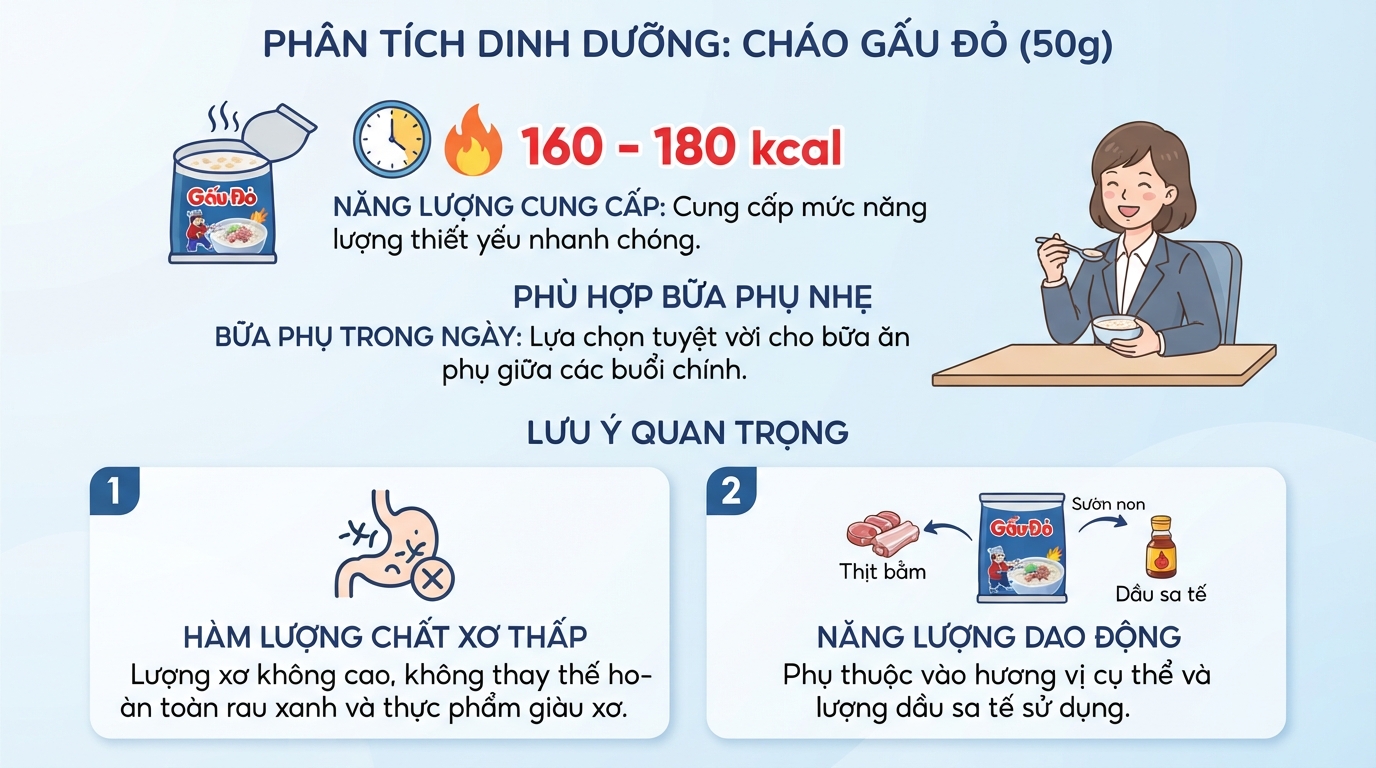 Mức năng lượng trong 1 gói cháo gấu đỏ phù hợp bữa ăn phụ nhưng ít xơ.