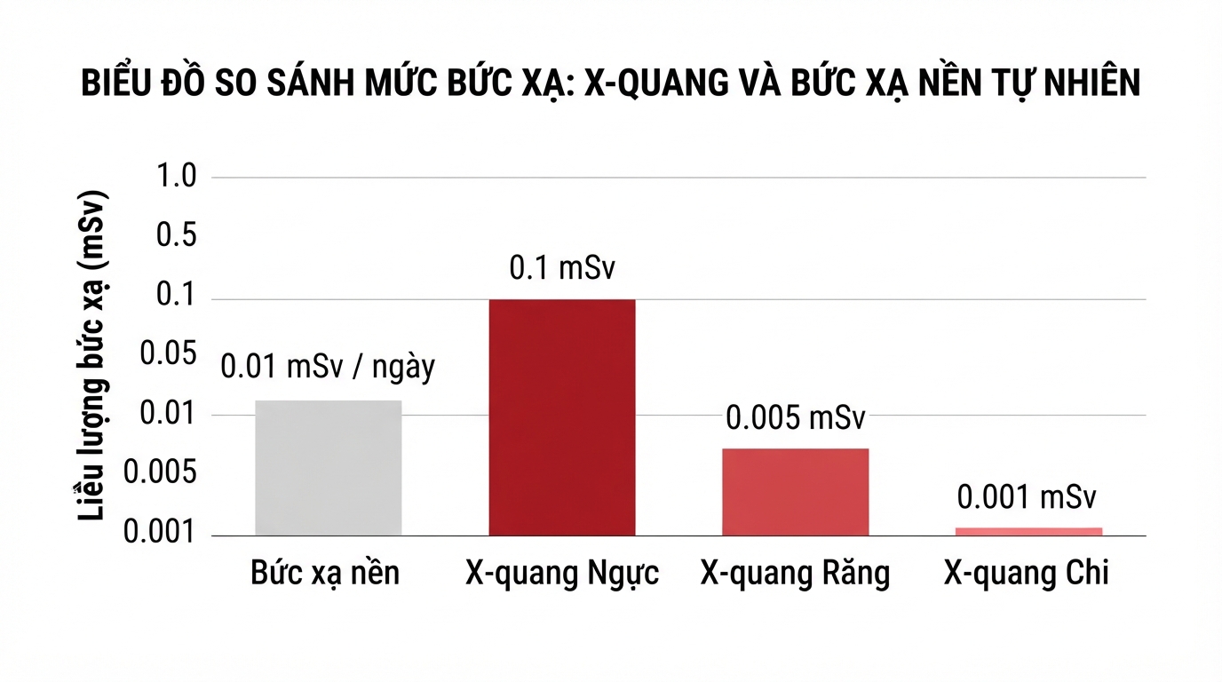 Mức phơi nhiễm từ kỹ thuật chiếu chụp thông thường nằm trong ngưỡng an toàn.