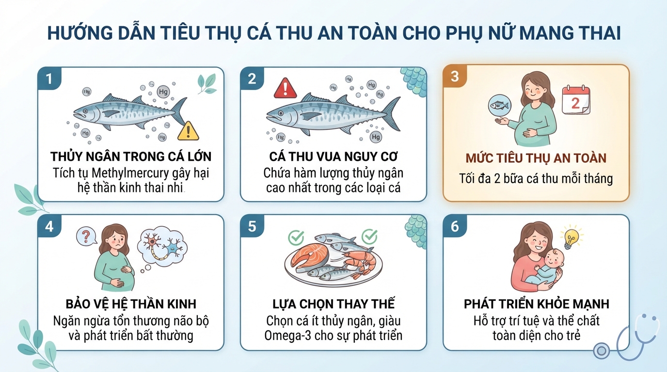 Mức tiêu thụ cá thu an toàn cho phụ nữ mang thai là tối đa 2 bữa/tháng.