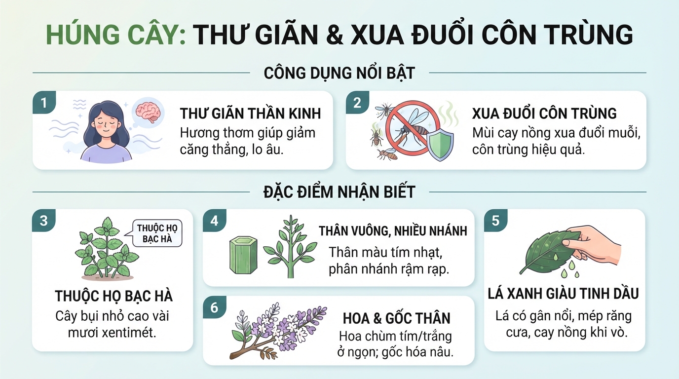 Mùi thơm cay nồng đặc trưng của húng cây giúp thư giãn hệ thần kinh và xua đuổi côn trùng hiệu quả.