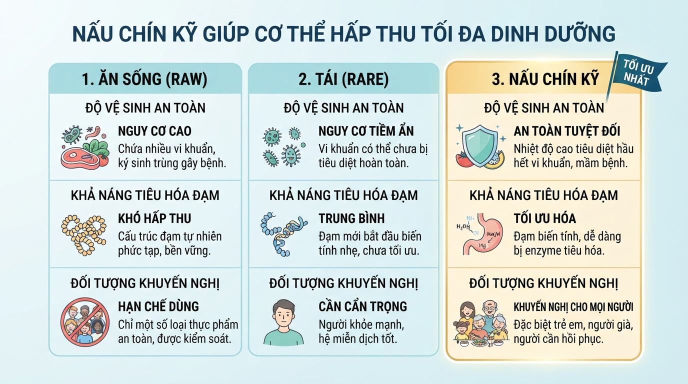 Nấu chín kỹ biến tính đạm giúp hệ tiêu hóa dễ dàng hấp thu nguồn dưỡng chất.