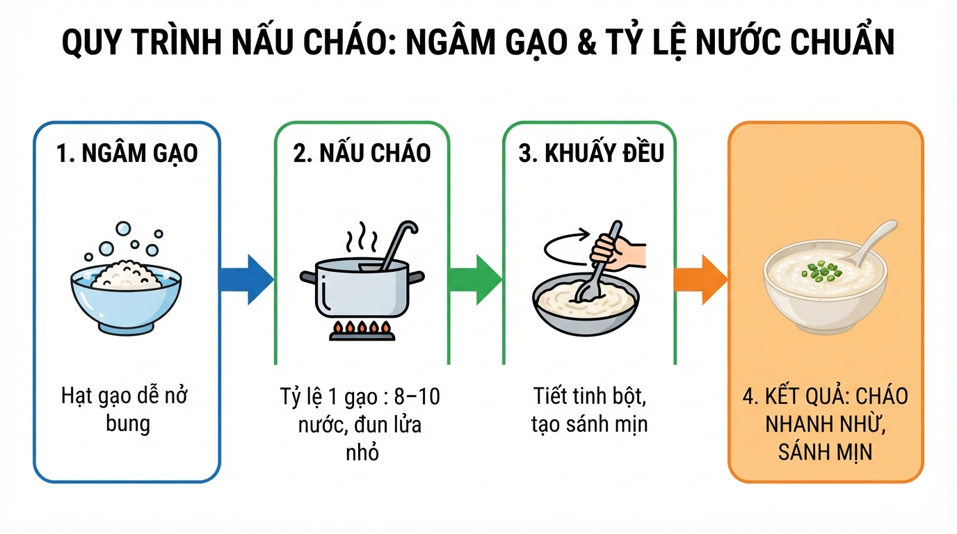 Ngâm gạo 30 phút và duy trì tỷ lệ nước chuẩn giúp cháo nhanh nhừ.