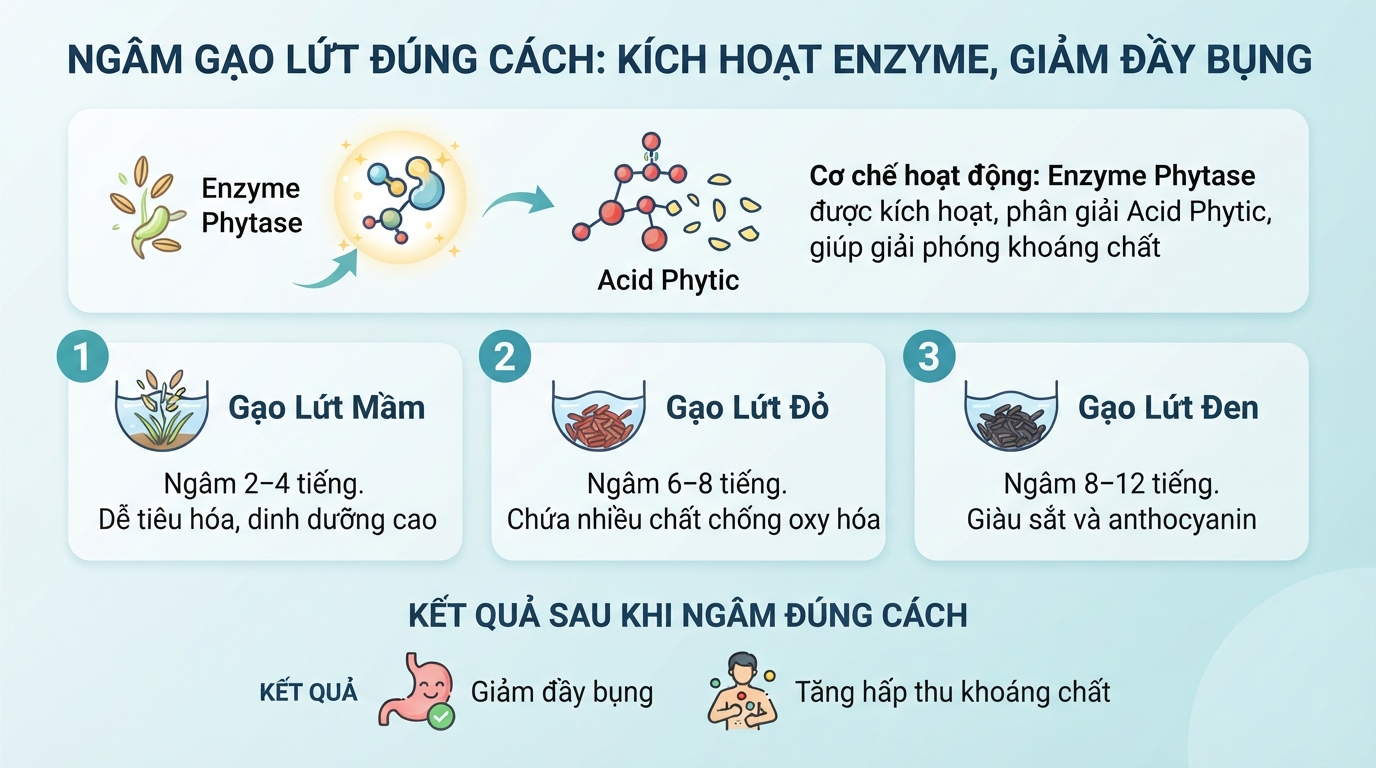 Ngâm gạo đúng giờ giúp kích hoạt enzyme phytase phân giải bớt phytic acid gây đầy bụng.