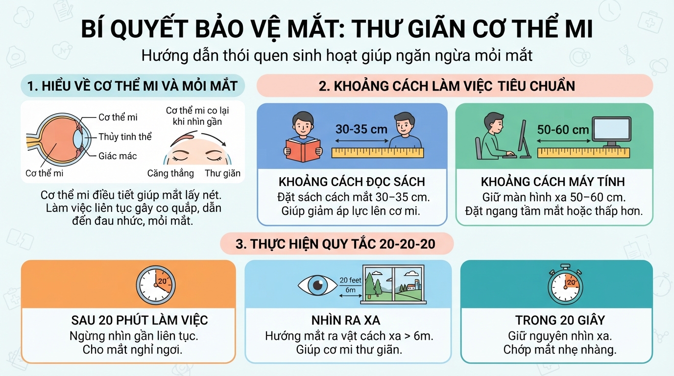 Nghỉ ngơi mắt định kỳ giúp thư giãn cơ thể mi và ngăn ngừa mỏi mắt.