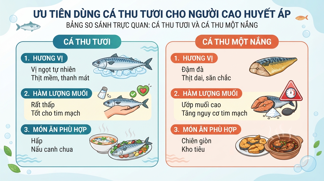 Người cao huyết áp nên ưu tiên dùng cá thu tươi thay vì cá thu một nắng.