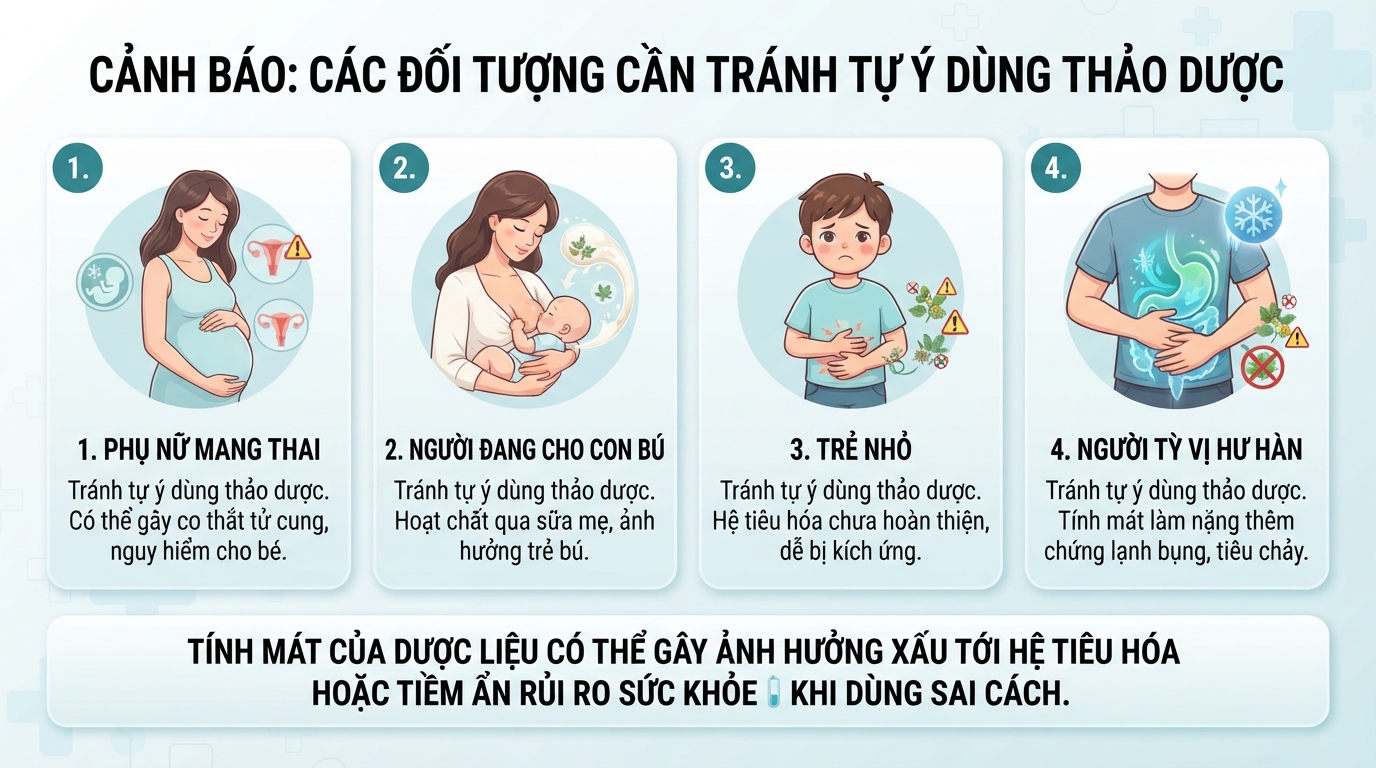 Người có thể trạng lạnh bụng hoặc tỳ vị hư hàn cần tránh dùng thảo dược.