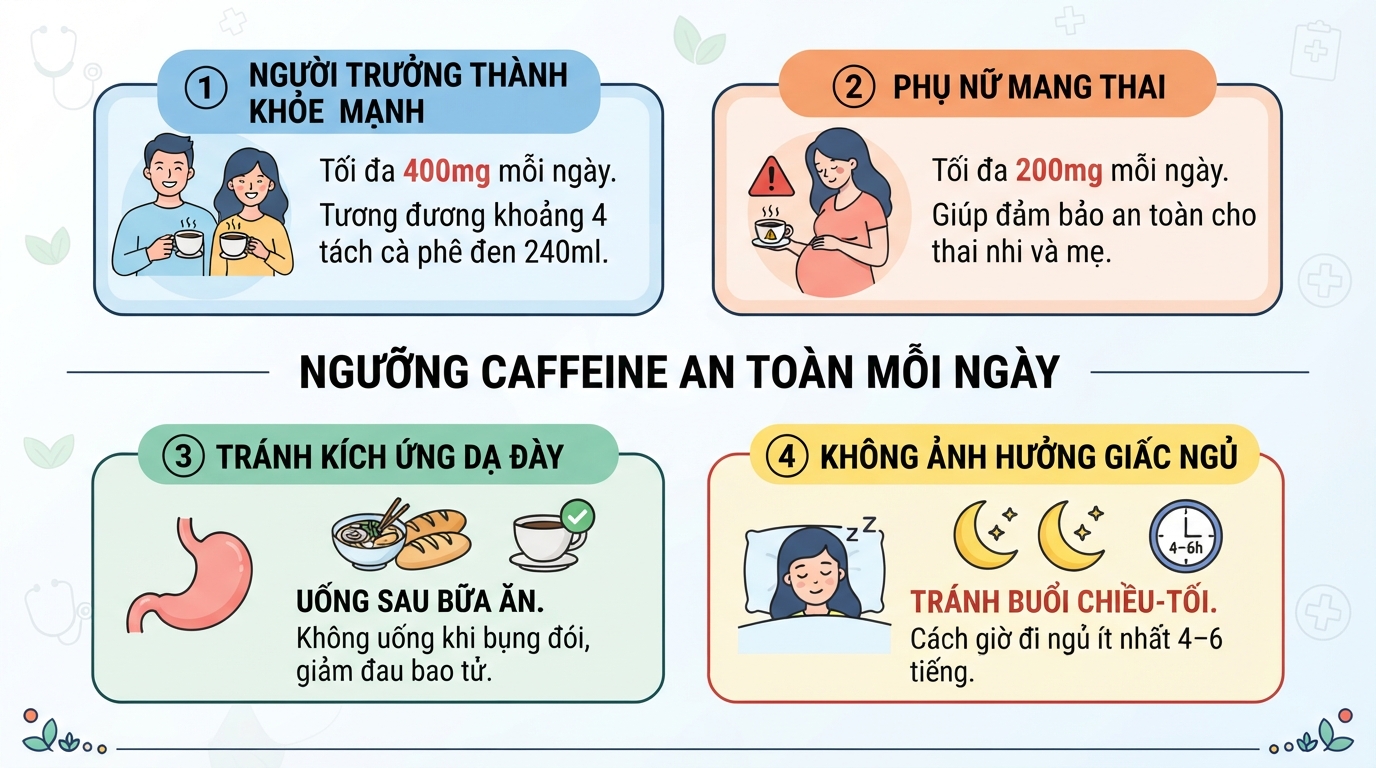 Ngưỡng Caffeine an toàn mỗi ngày cho từng nhóm đối tượng giúp tối ưu sức khỏe.