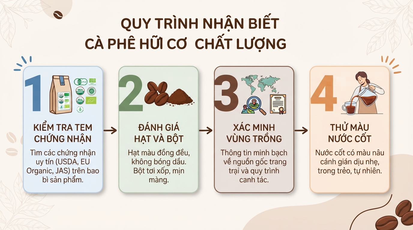 Nhận biết cà phê hữu cơ qua tem chứng nhận và màu nước cốt nâu cánh gián.