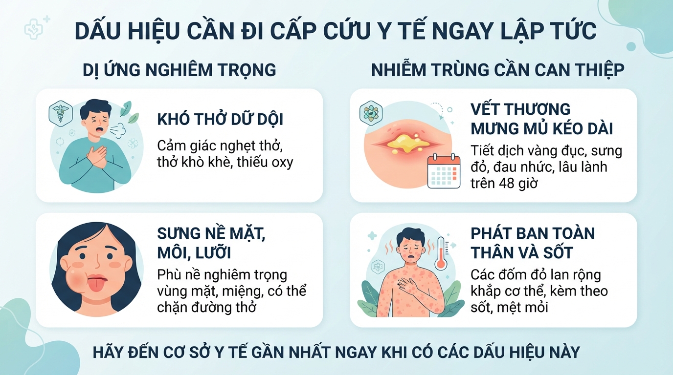Nhận biết dấu hiệu dị ứng nghiêm trọng và nhiễm trùng cần được chuyên gia y tế can thiệp.