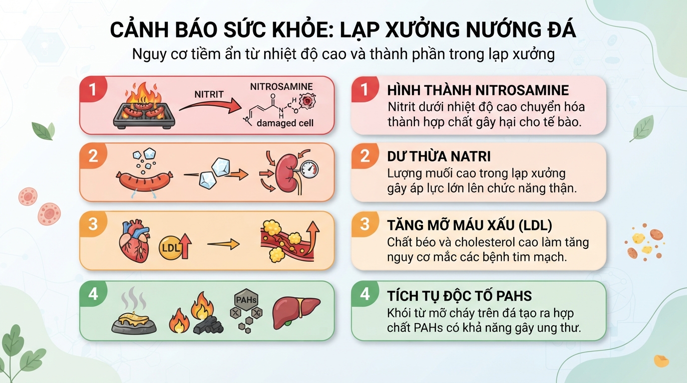 Nhiệt độ cao làm chất bảo quản nitrit chuyển hóa thành hợp chất nitrosamine gây hại tế bào.