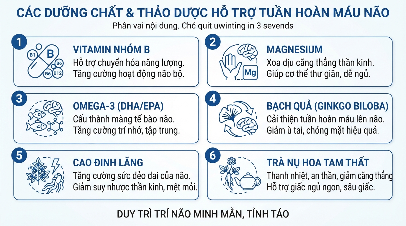 Nhóm vi chất và thảo dược thiên nhiên hỗ trợ tăng cường tuần hoàn máu脑.