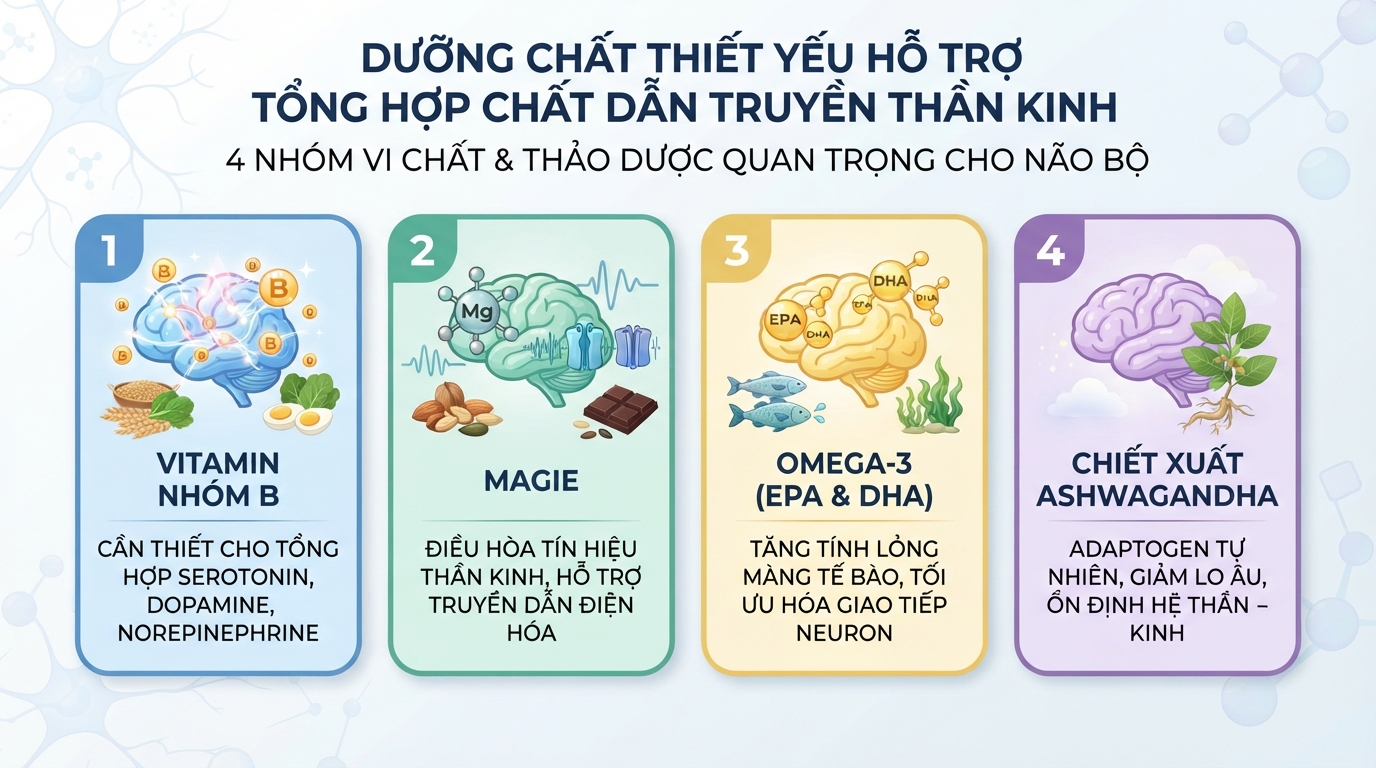 Những dưỡng chất thiết yếu hỗ trợ tổng hợp chất dẫn truyền thần kinh brain.