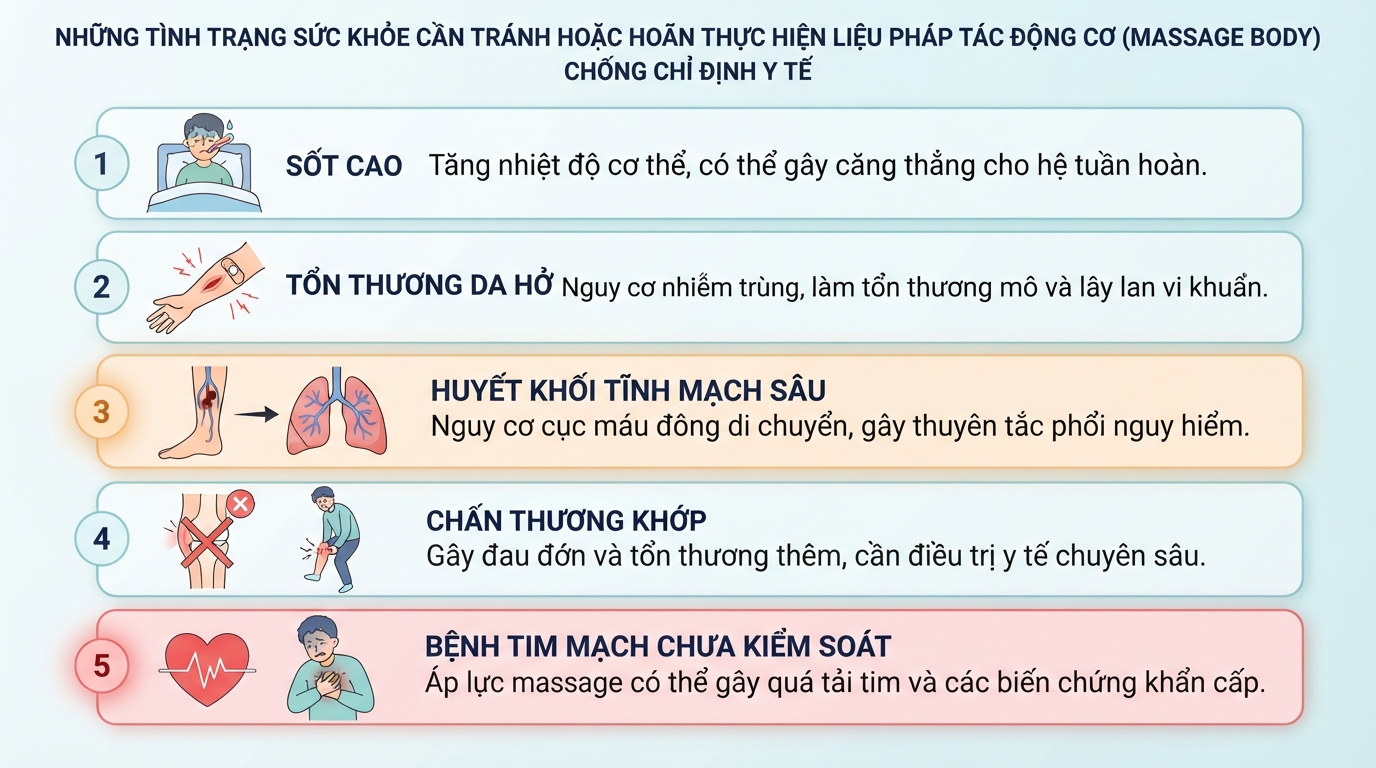 Những tình trạng sức khỏe cần tránh hoặc hoãn thực hiện liệu pháp tác động cơ.