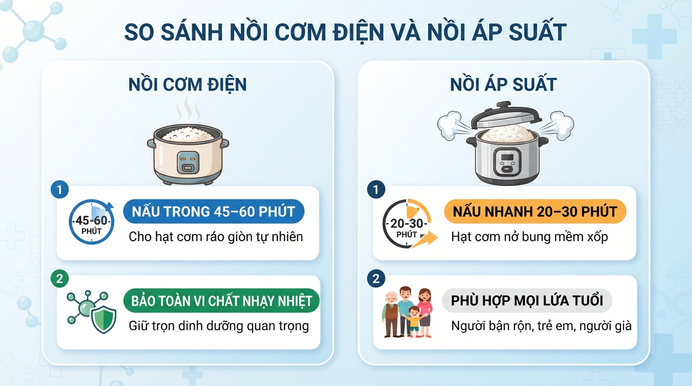 Nồi áp suất giúp cơm mềm xốp nhanh, còn nồi cơm điện giữ hạt ráo tơi xốp.
