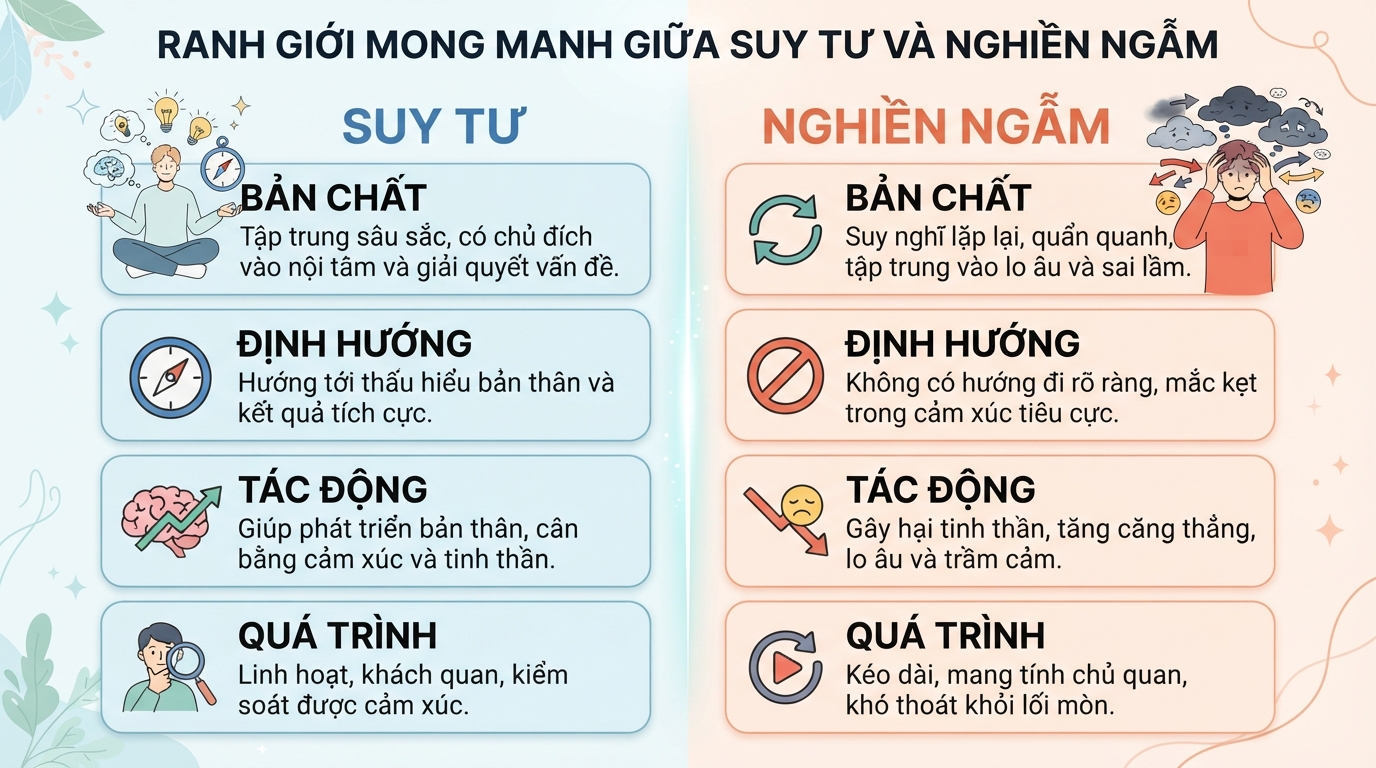 Suy nghĩ và suy tư: Khác biệt, tác động sức khỏe và cách kiểm soát