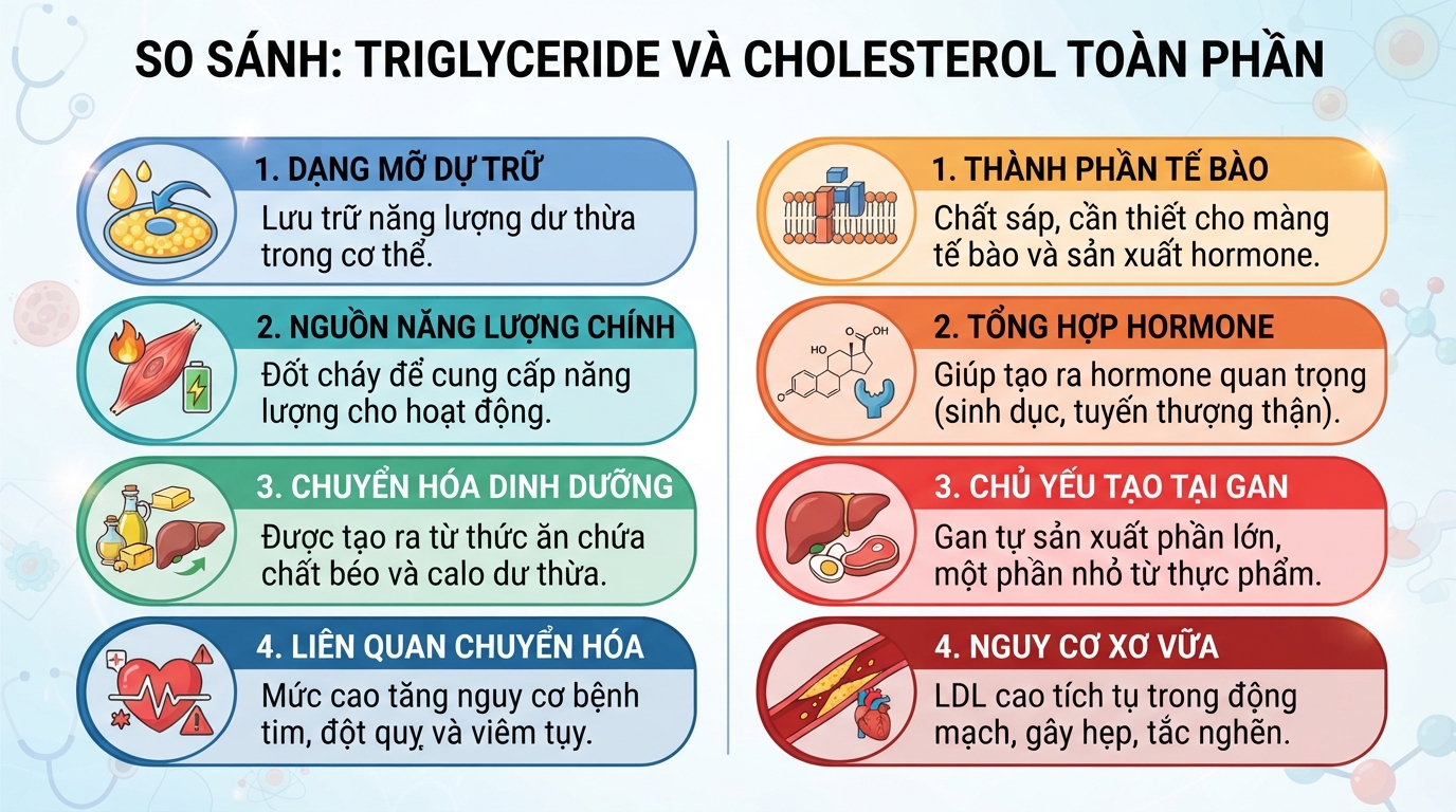 Phân biệt bản chất và nguồn gốc giữa chất béo trung tính với cholesterol toàn phần.