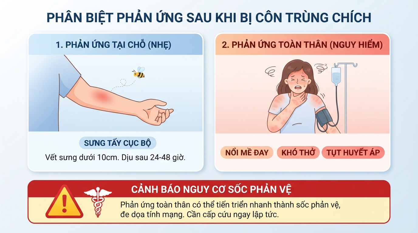 Phân biệt hai cấp độ phản ứng tại chỗ và toàn thân nguy hiểm.