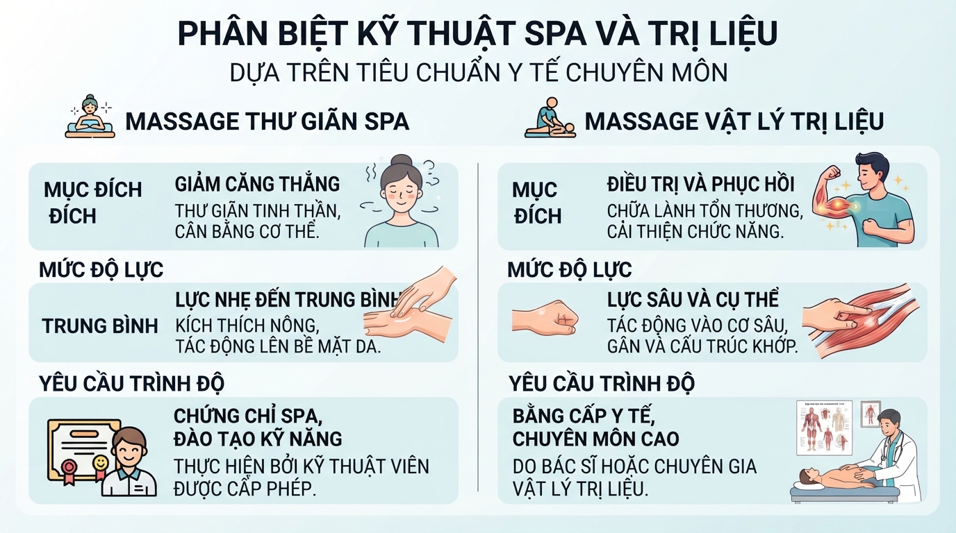 Phân biệt kỹ thuật spa và trị liệu dựa trên tiêu chuẩn chuyên môn y tế.