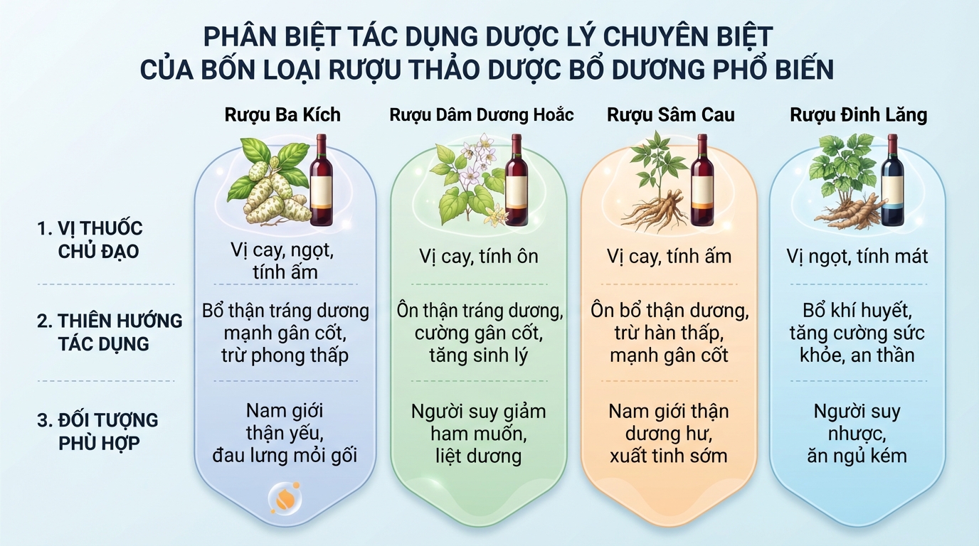 Phân biệt tác dụng dược lý chuyên biệt của bốn loại rượu thảo dược bổ dương phổ biến.