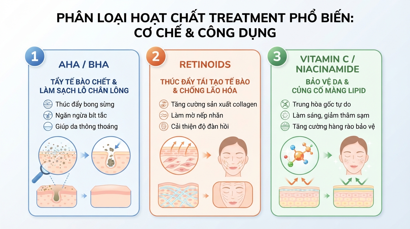 Phân loại các hoạt chất treatment phổ biến theo cơ chế tác động và công dụng thực tế.