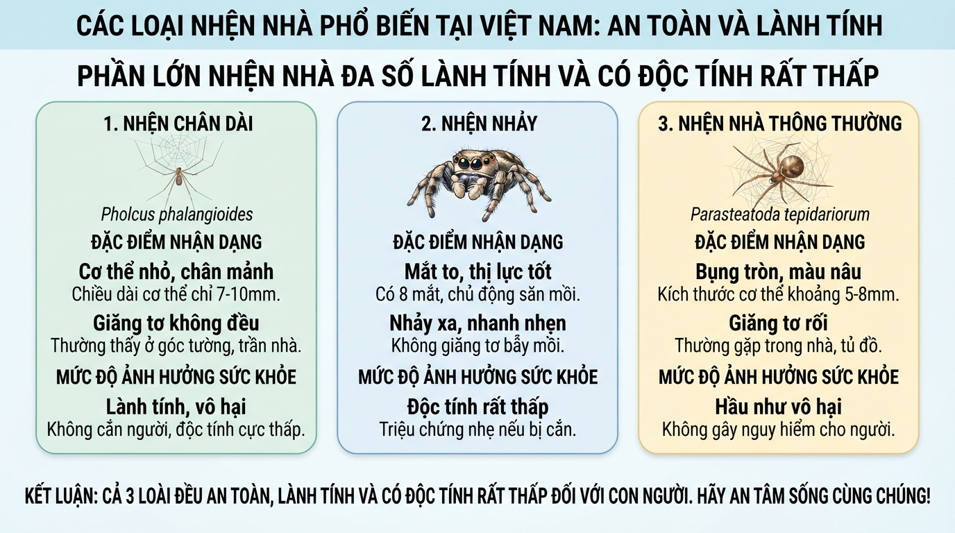 Phần lớn nhện nhà Việt Nam đa số lành tính và có độc tính rất thấp.