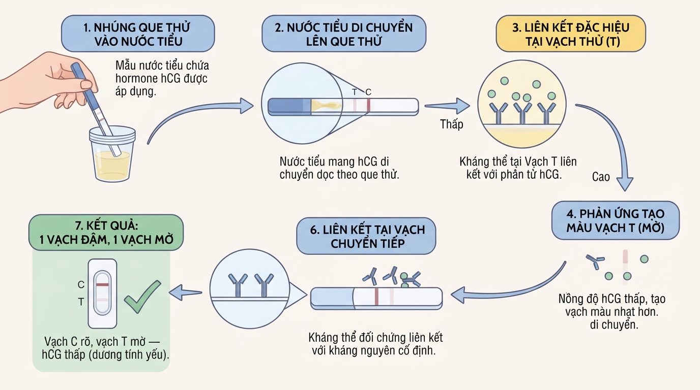 Phản ứng sinh hóa phát hiện hCG trên que thử thai 1 vạch đậm 1 vạch mờ.