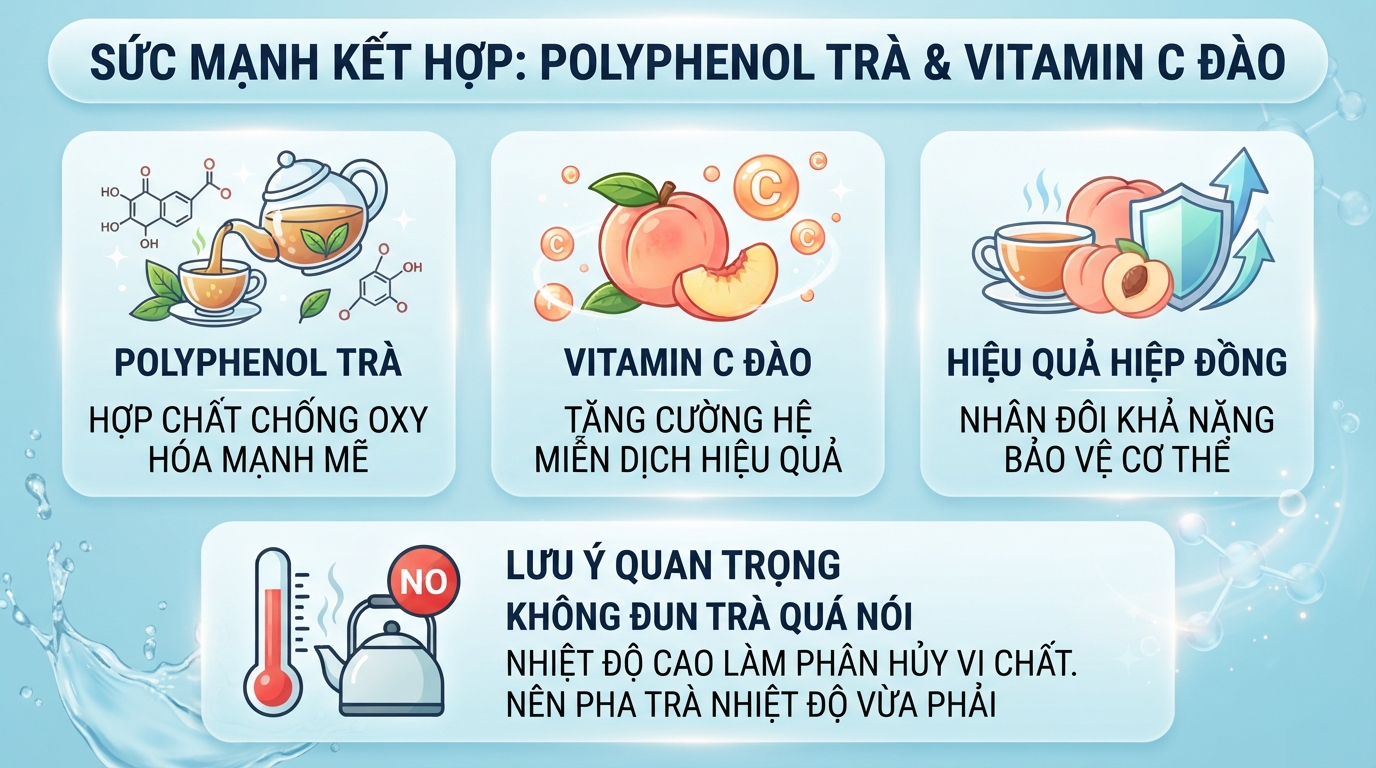 Polyphenol từ cốt trà kết hợp vitamin C trong đào giúp tăng cường sức đề kháng.