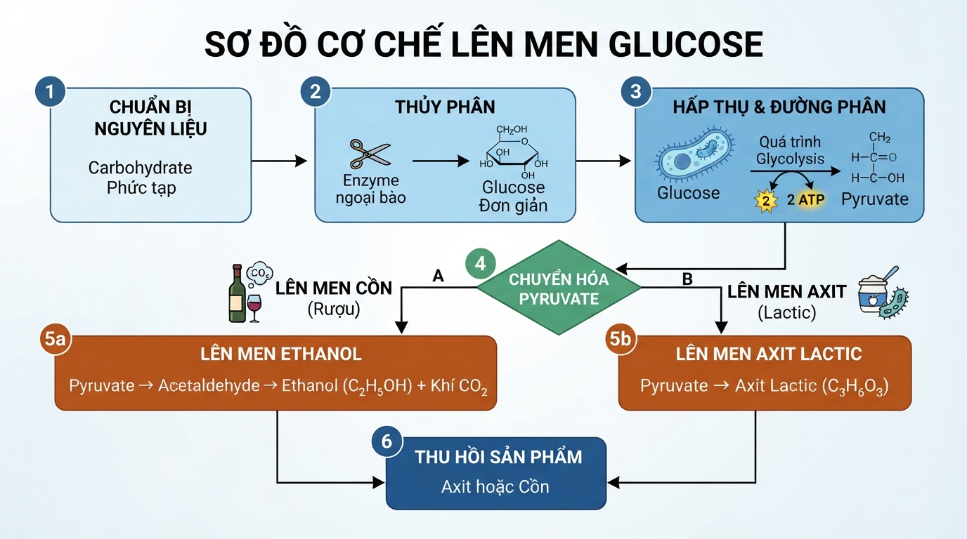 Quá trình lên men phân giải đường glucose thành axit, cồn nhờ enzyme của vi sinh vật.
